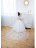 White Satin Tulle Flower Girl Dress With Removable Lace Train